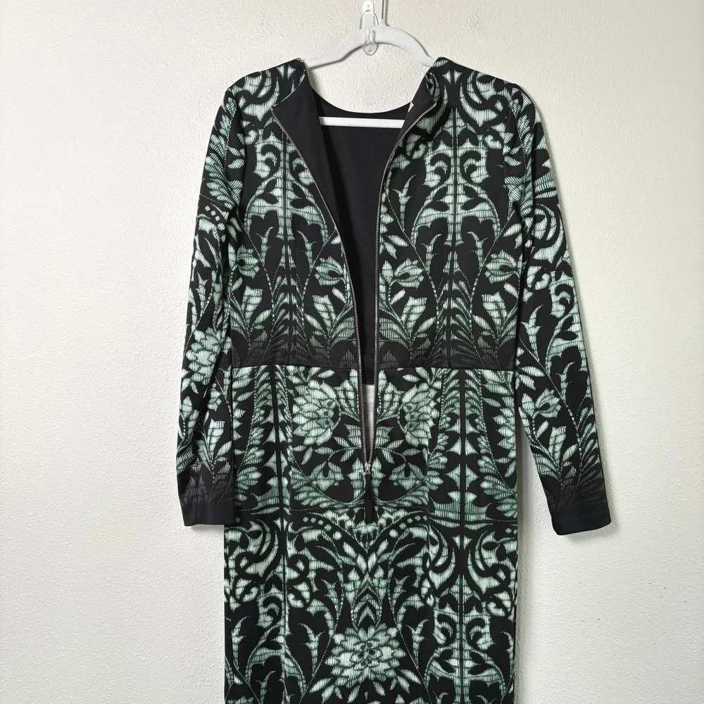 Maggy London Sheath Dress Womens 12 Black Green Damask Floral Long Sleeve Goth
